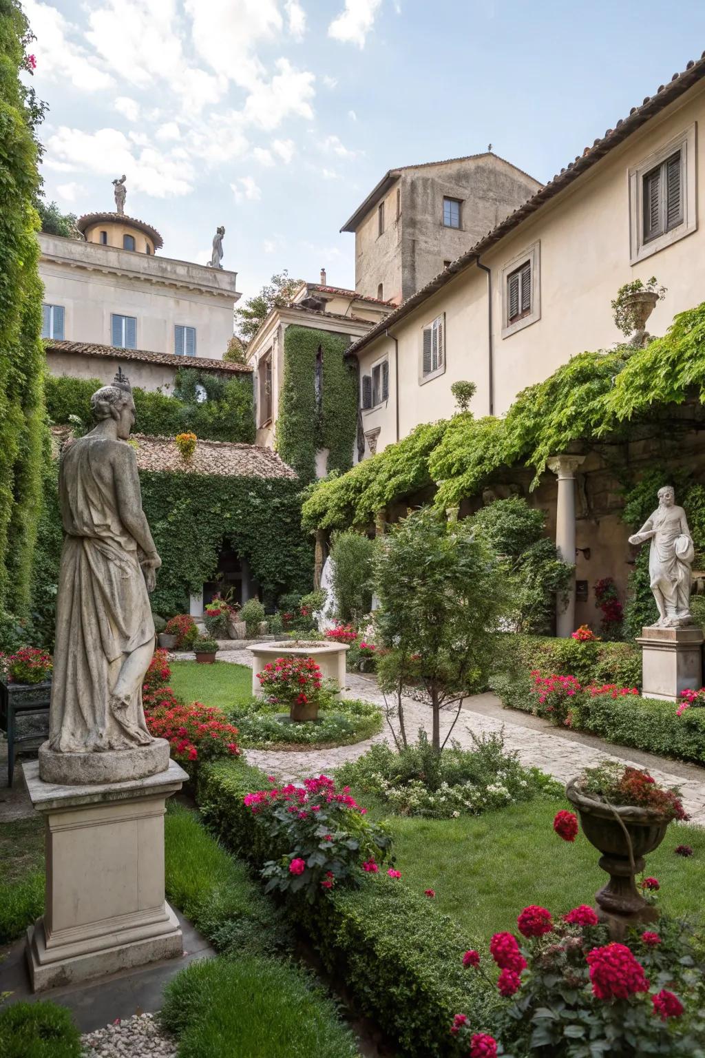 Classical sculptures introduce artistic flair to this Italian courtyard.