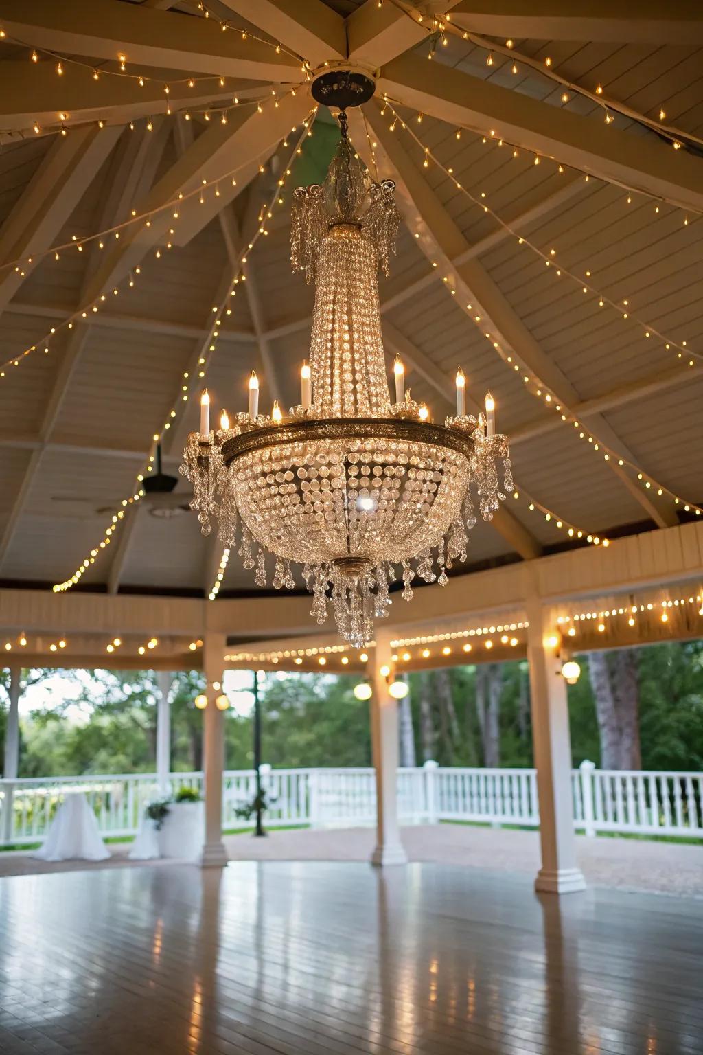 A hanging light fixture provides the pavilion with a sense of glitz and refinement.