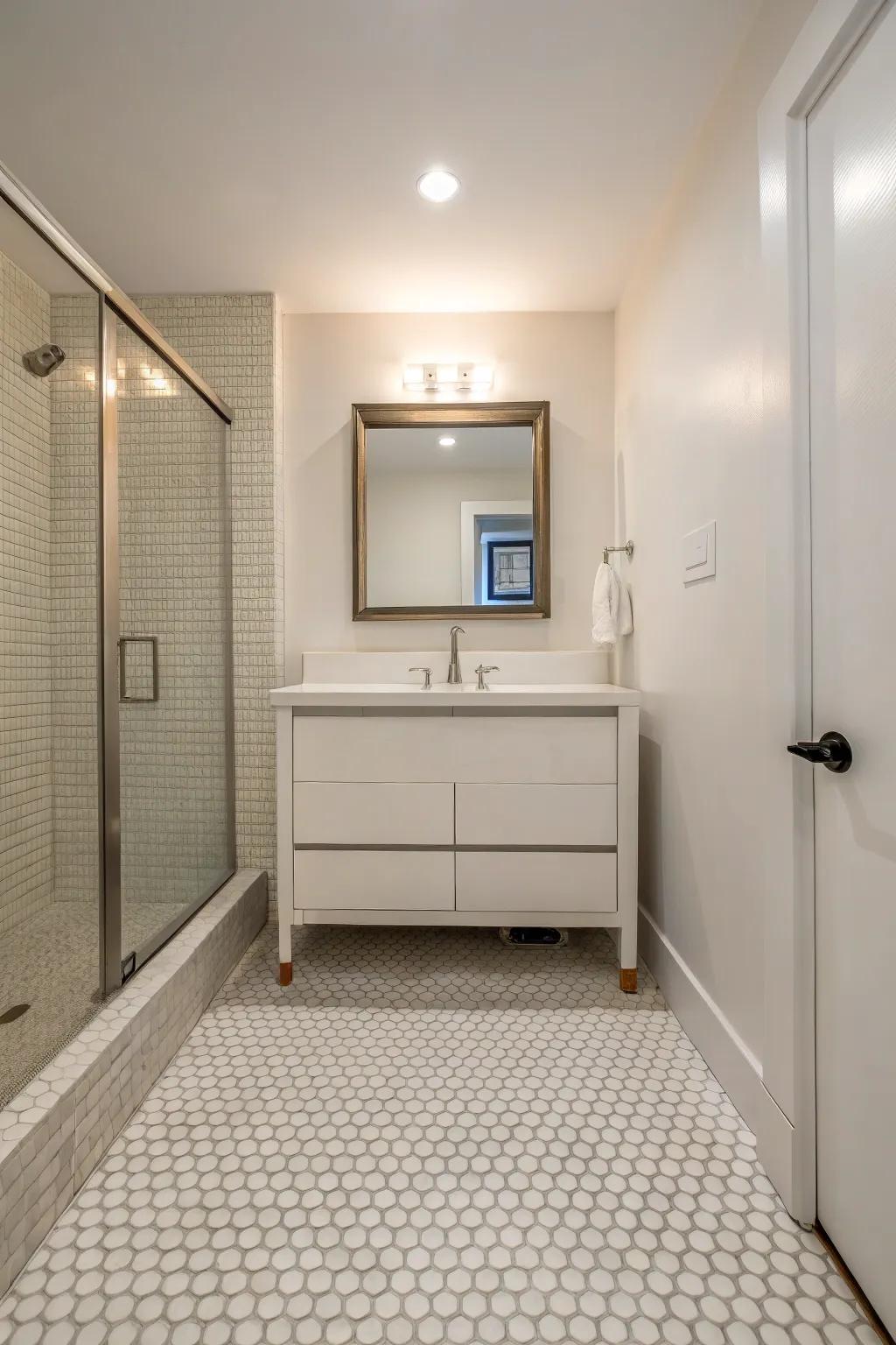 Classic white penny tiles provide a bright and airy atmosphere.
