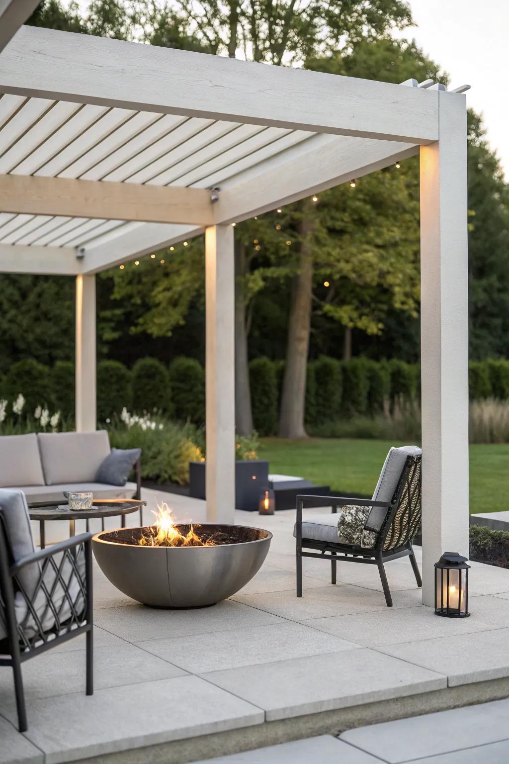 Effortlessness meets panache with a modern serene pergola hearth.