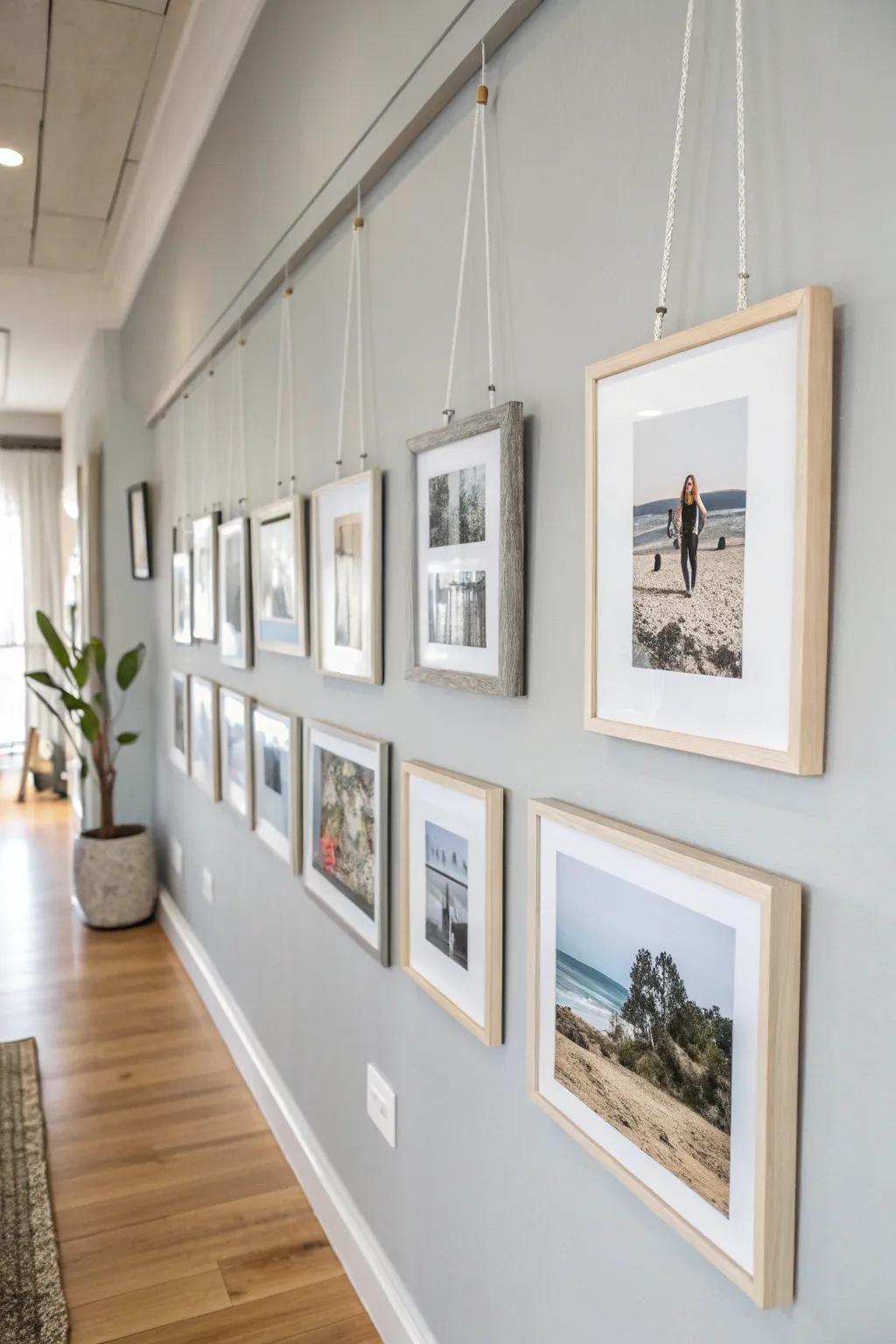 Floating holders impart a sleek and refined ambiance to this photo display.