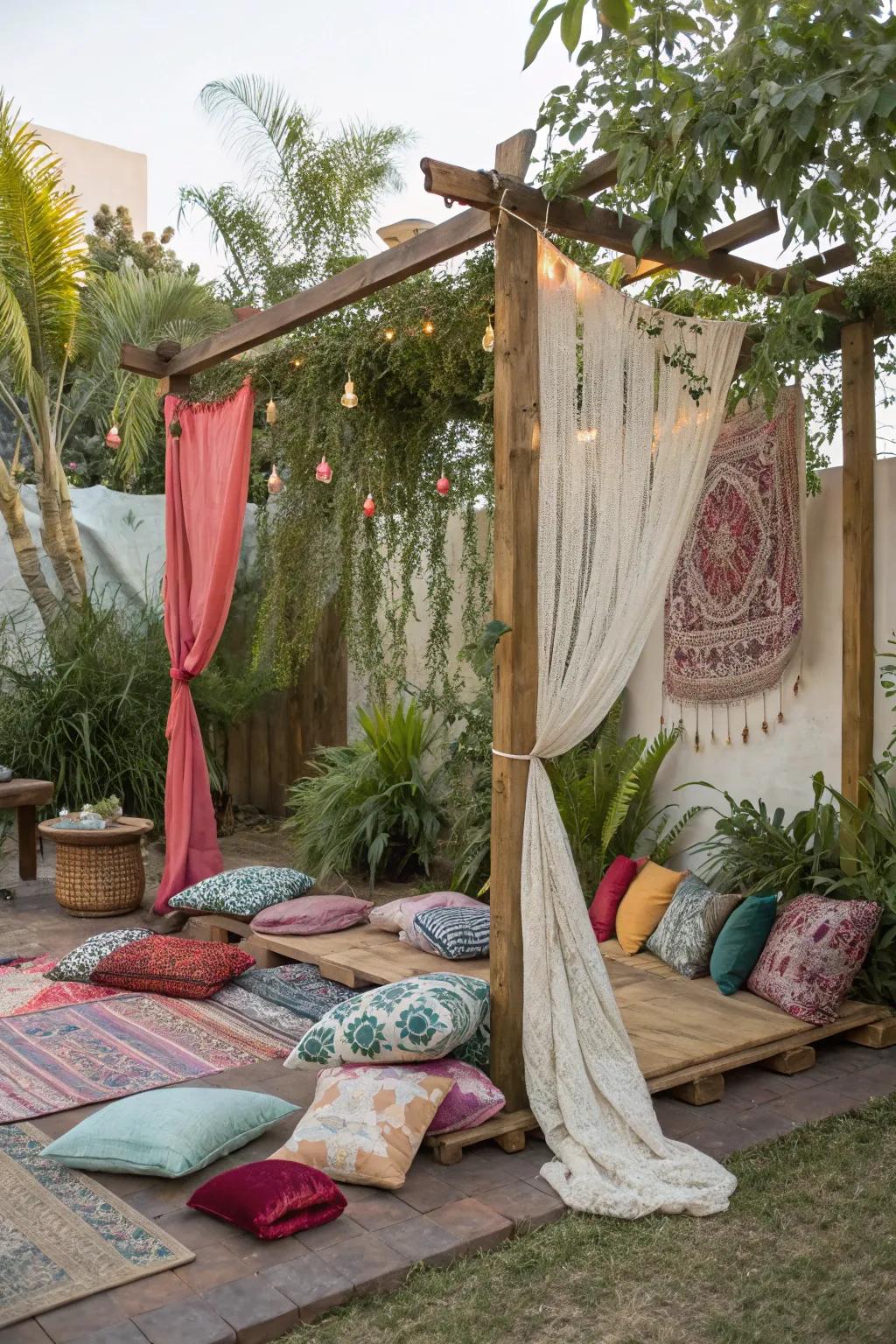 An informal outdoor arrangement featuring pillows and hanging fabrics.