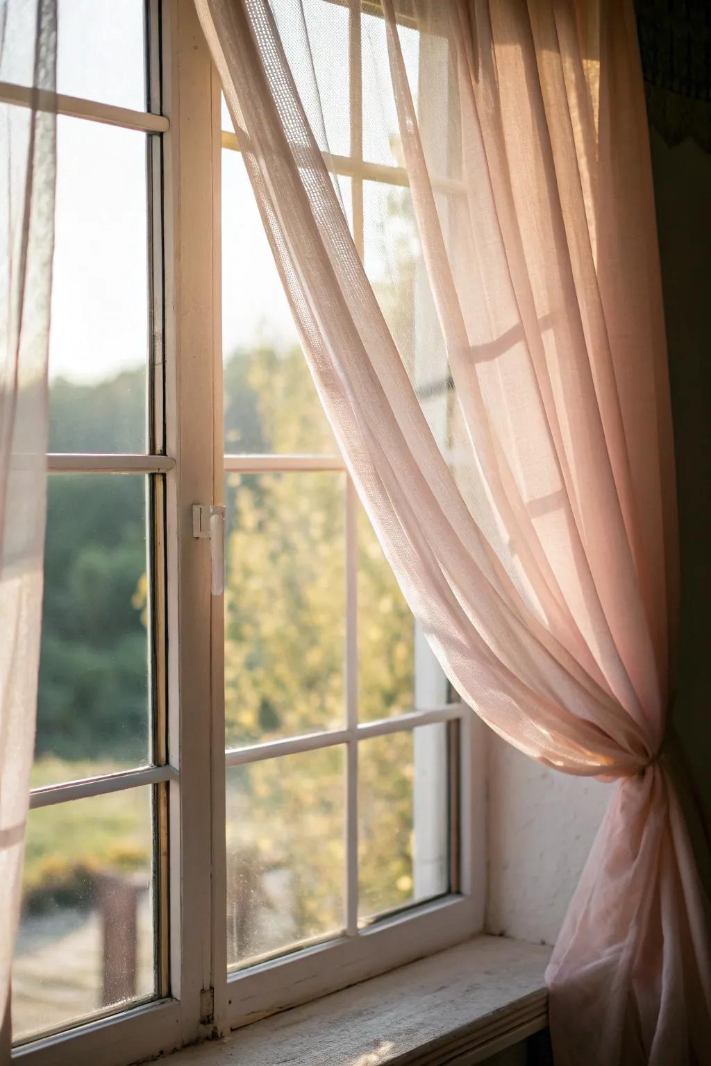 Picture window fitted with sheer curtains that create a soft, bright atmosphere.