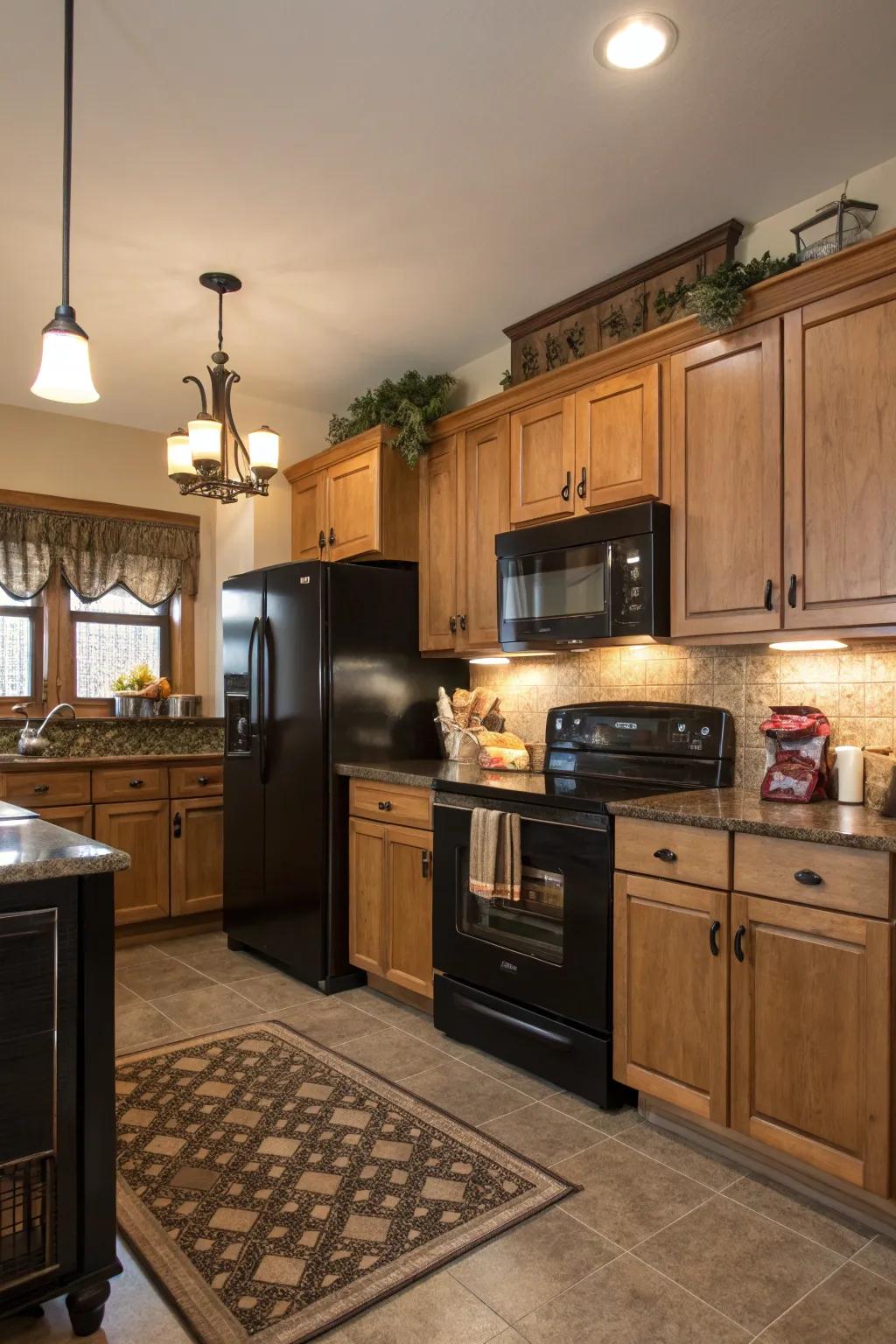 Wooden aspects soften the refined appearance of contemporary appliances.