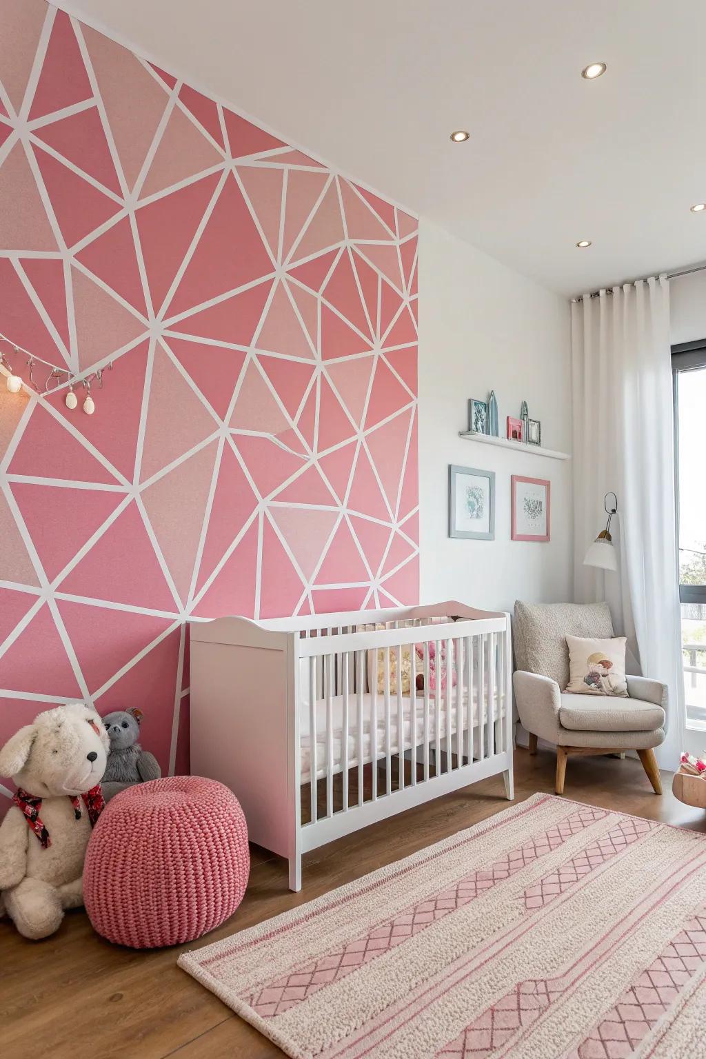 An elegant nursery showcasing a symmetrical rose-tinted wall that ignites curiosity.