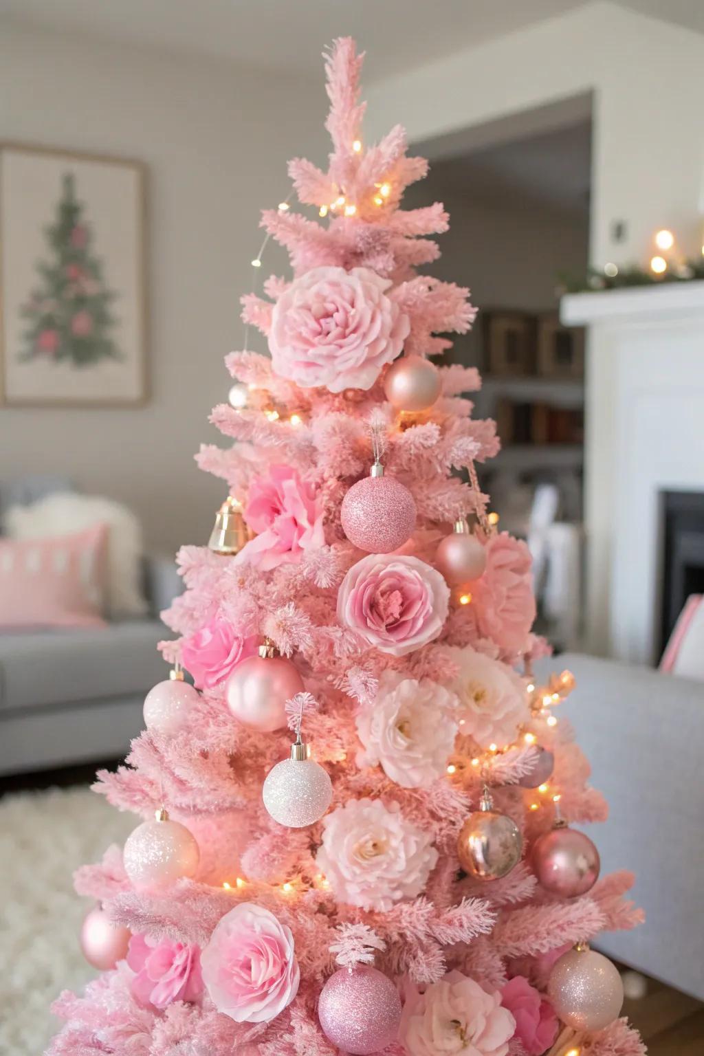 Floral ornaments transform this pink tree into a charming wonderland.