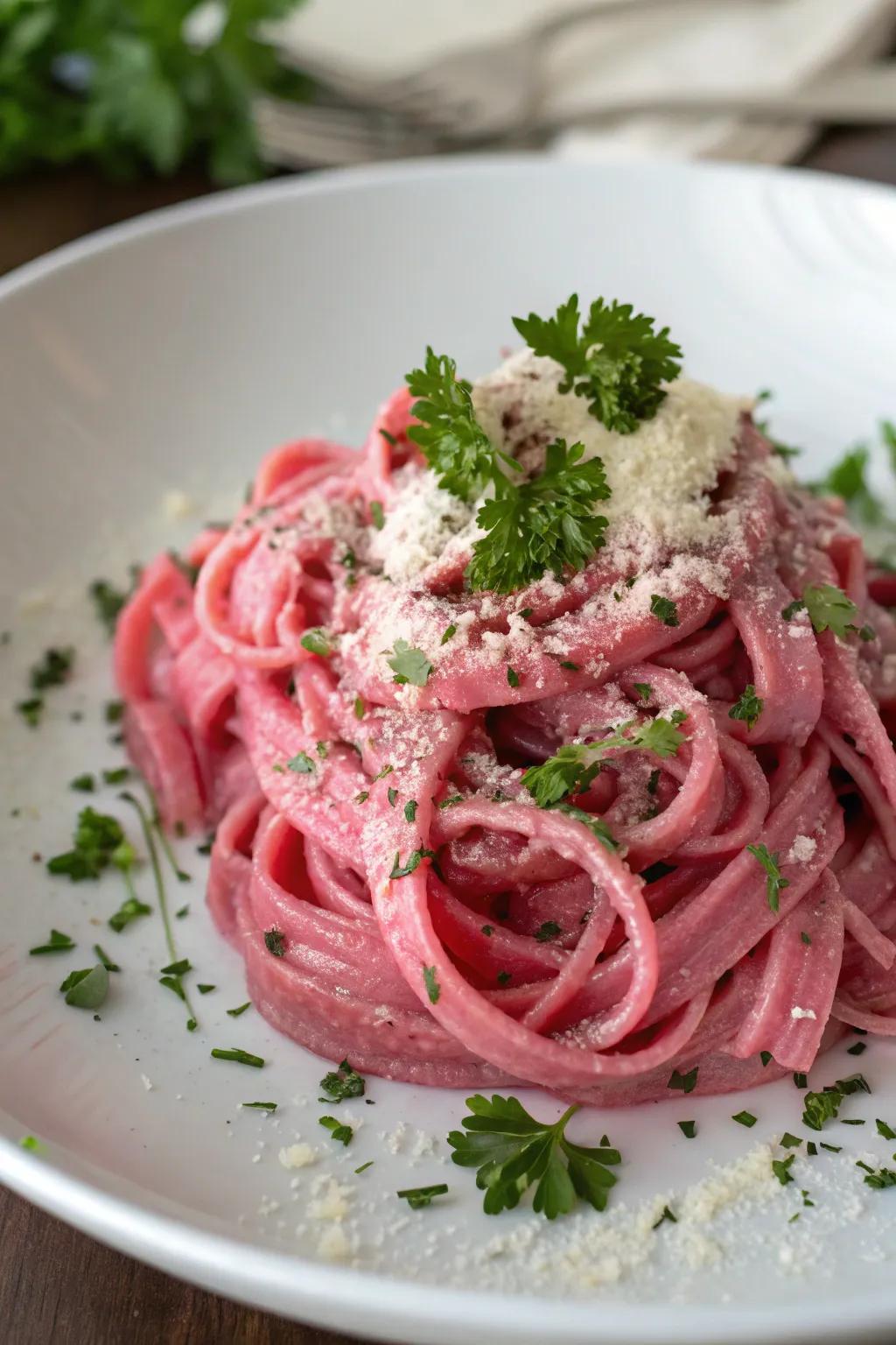 Rose tinted carbonara is a creative and colorful spin on the traditional favorite.