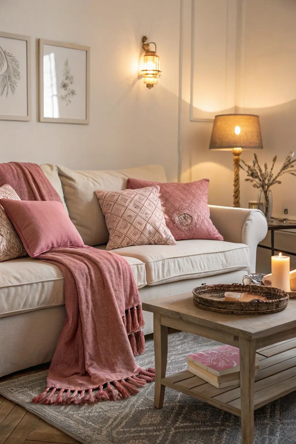 Rose shaded touches establish an inviting, comfortable vibe.