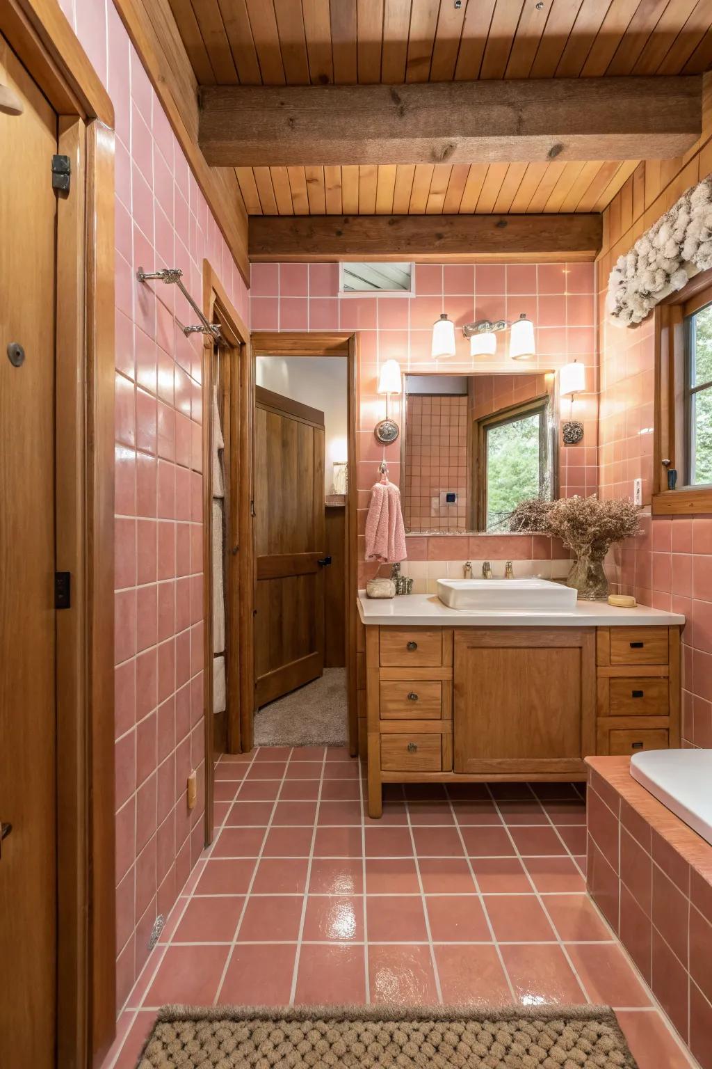 A balanced combination of pink tiles and wood pieces in the bathroom.