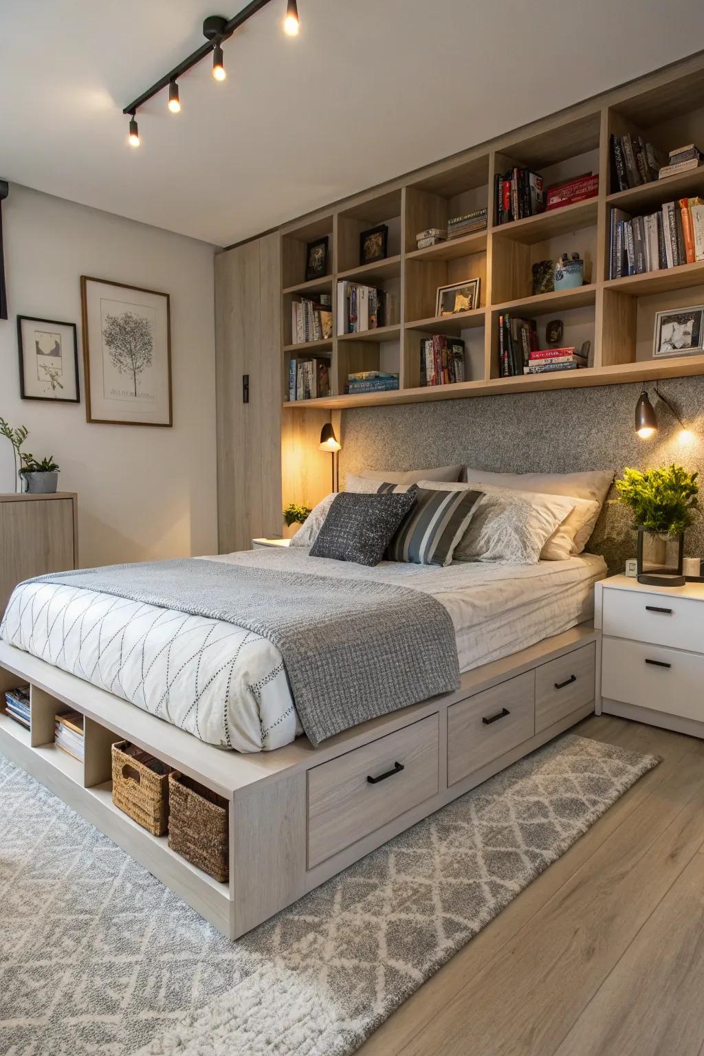 Beds with built-in storage optimize the use of space.