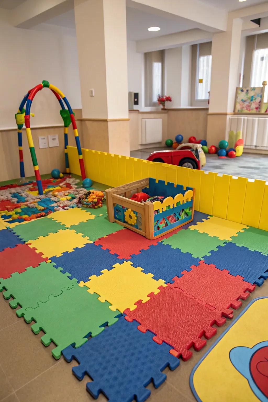 Soft play tiles offer a secure and versatile area for play.