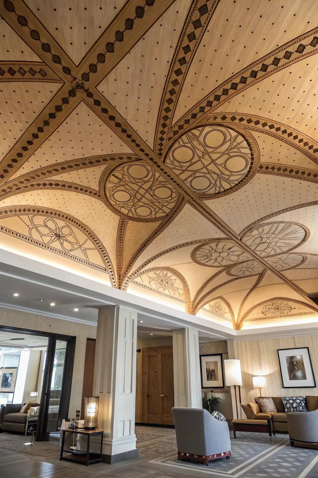 A ceiling showcasing unique plywood designs that instantly capture the eye.