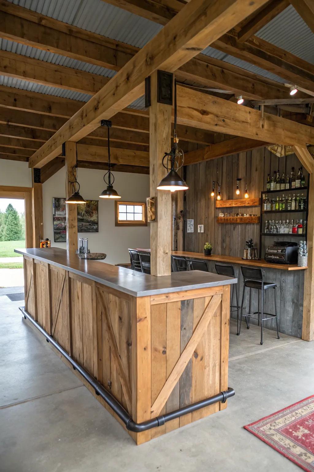 A country-style bar made of salvaged wood and modern accents within a pole barn.