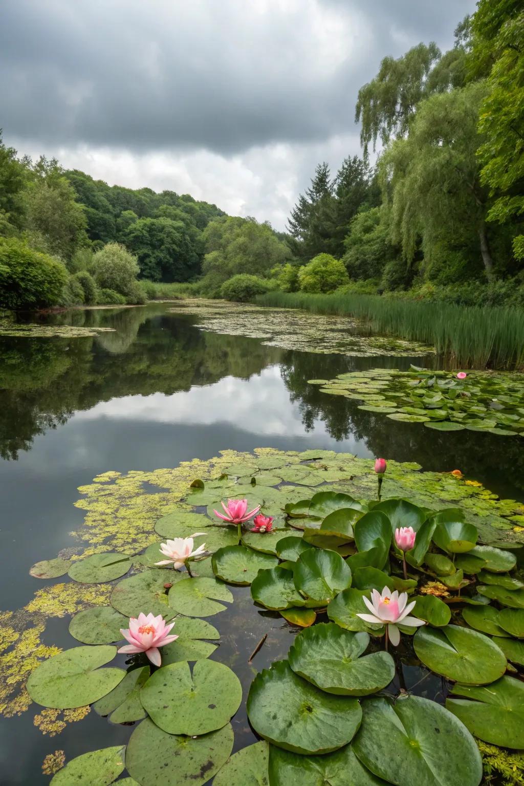 Blooming water lilies contribute hue and texture to the pond's surface.