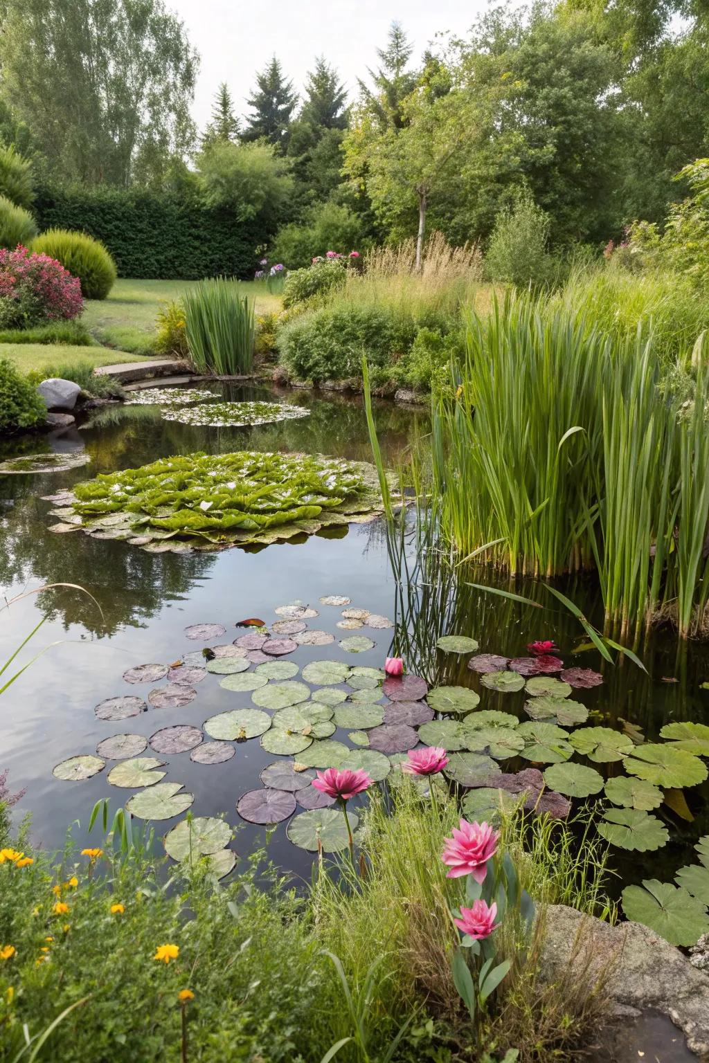 A vibrant backyard pond flourishing with water lilies and reeds.