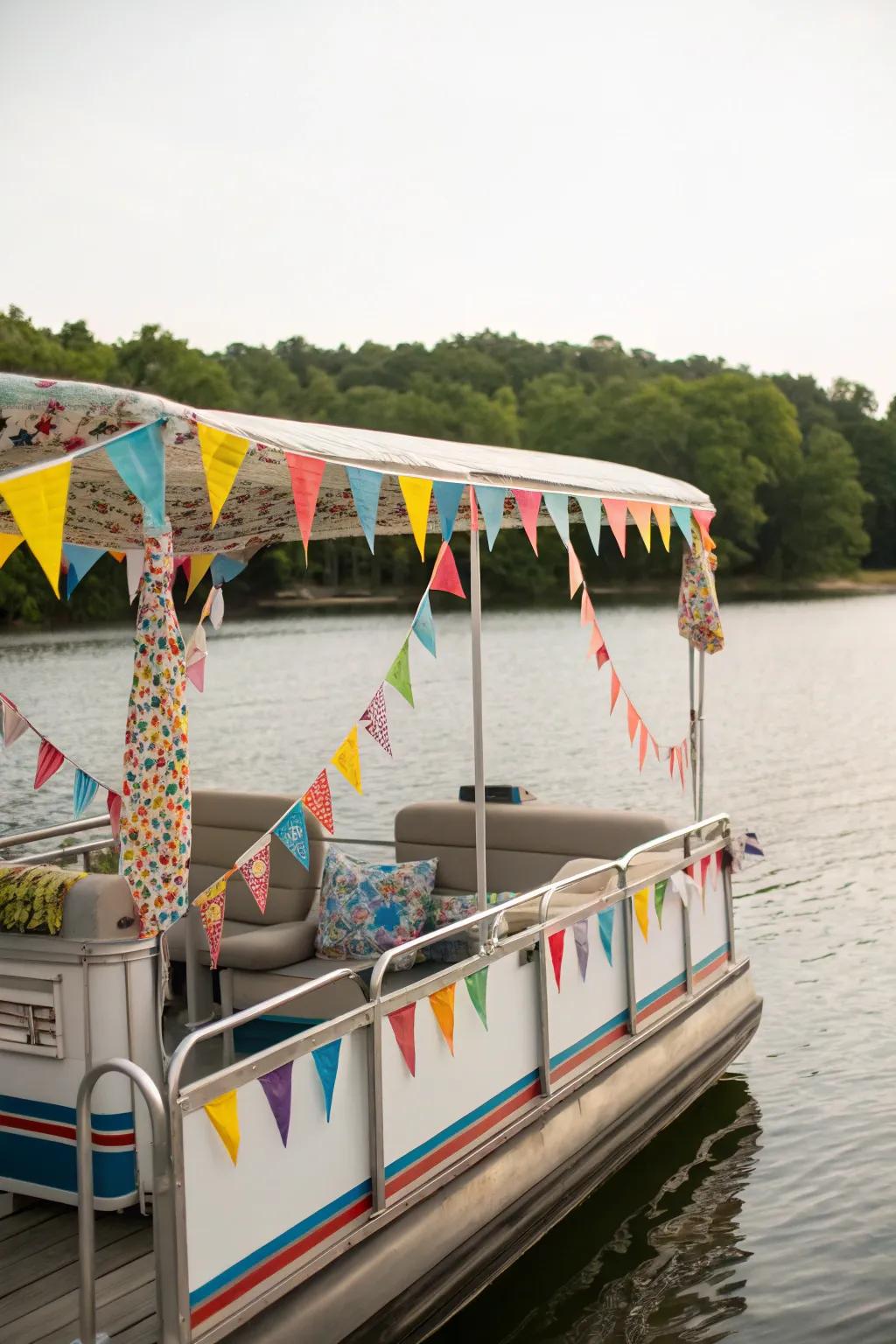 A carnival-themed pontoon boat overflowing with color and excitement.