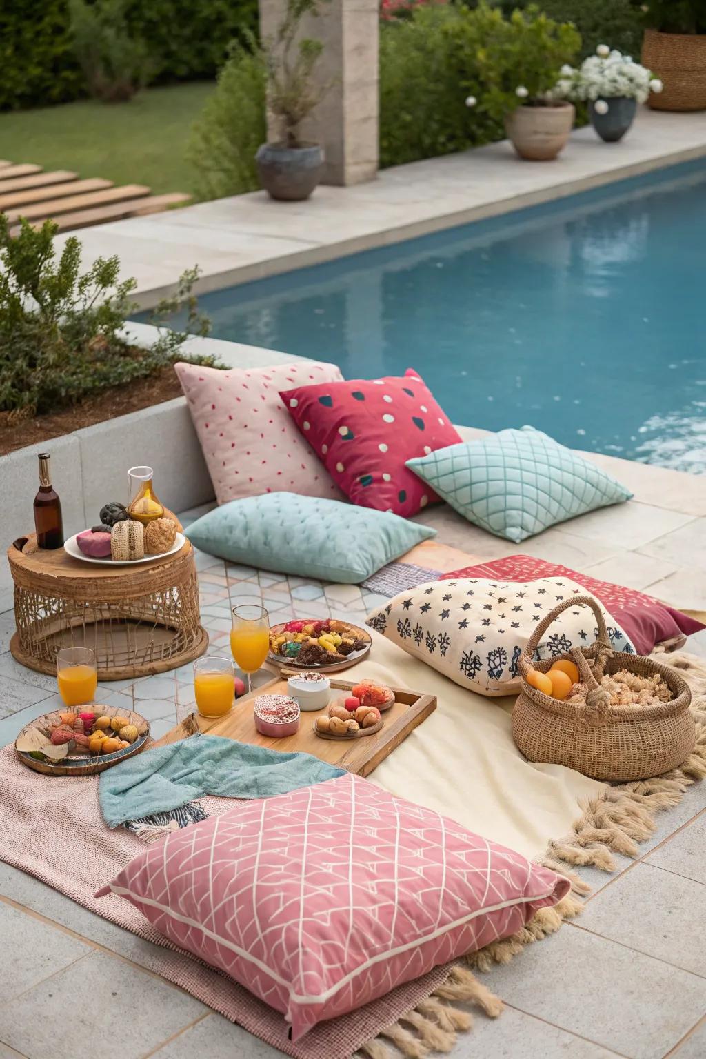 An inviting oceanside repast arrangement showcasing tempting coverings and bolsters.