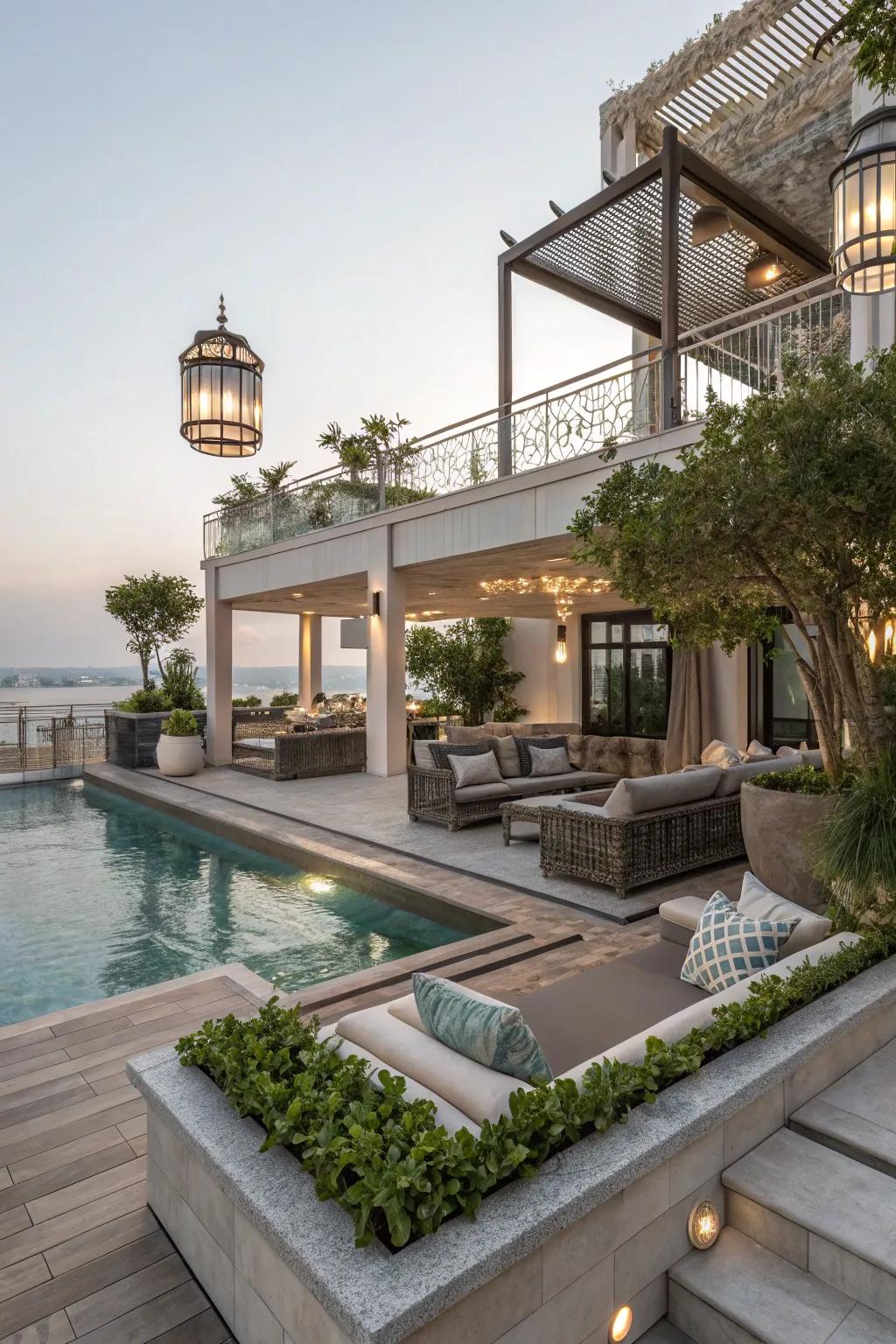 Multi-level decks add a lively touch to poolside views.
