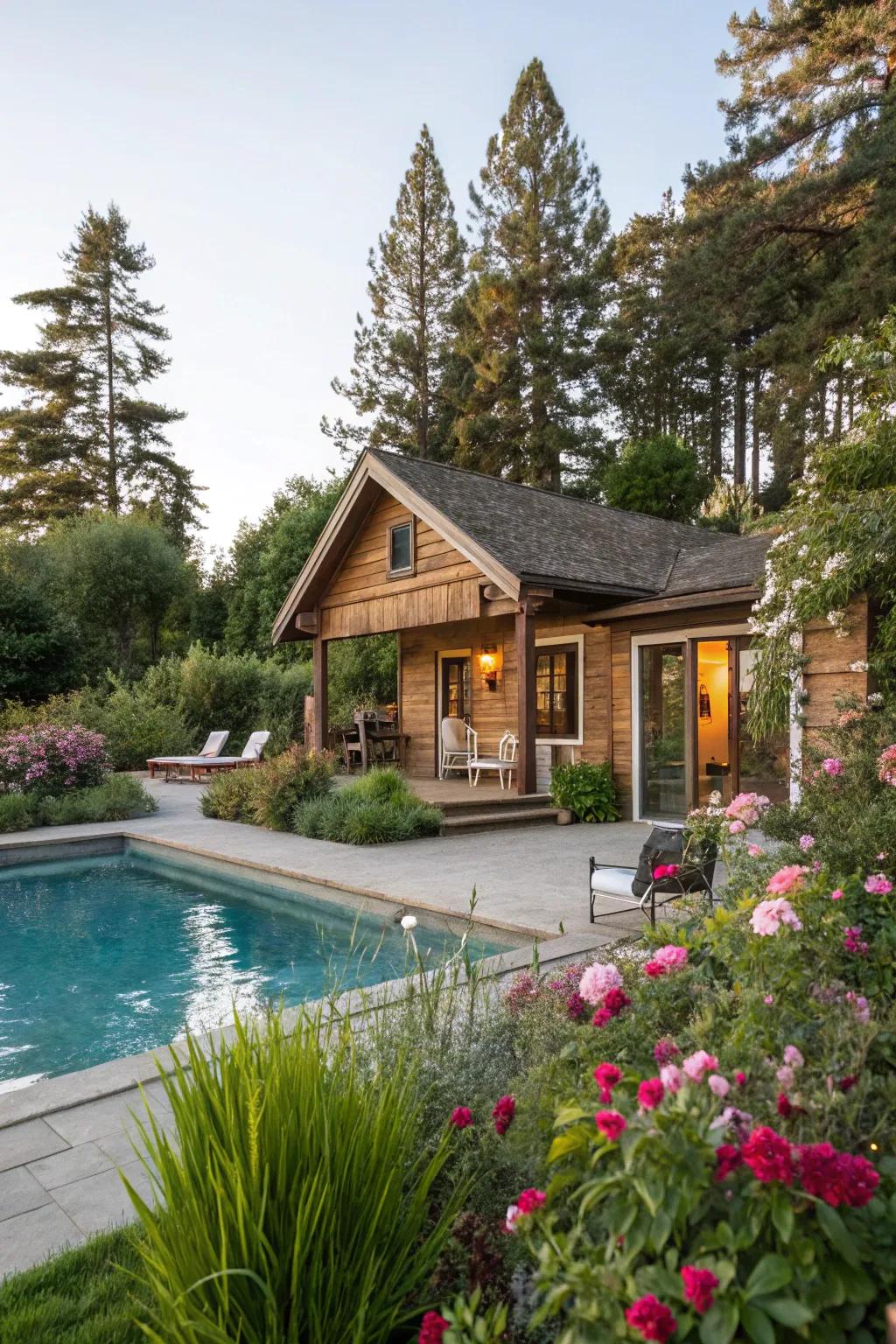Enhance your pool house with lush greenery for a peaceful escape.