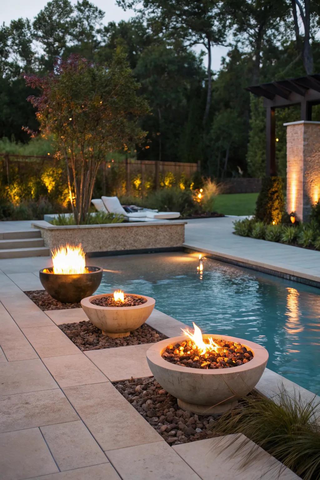 Fire elements add coziness and spectacle to your pool space.
