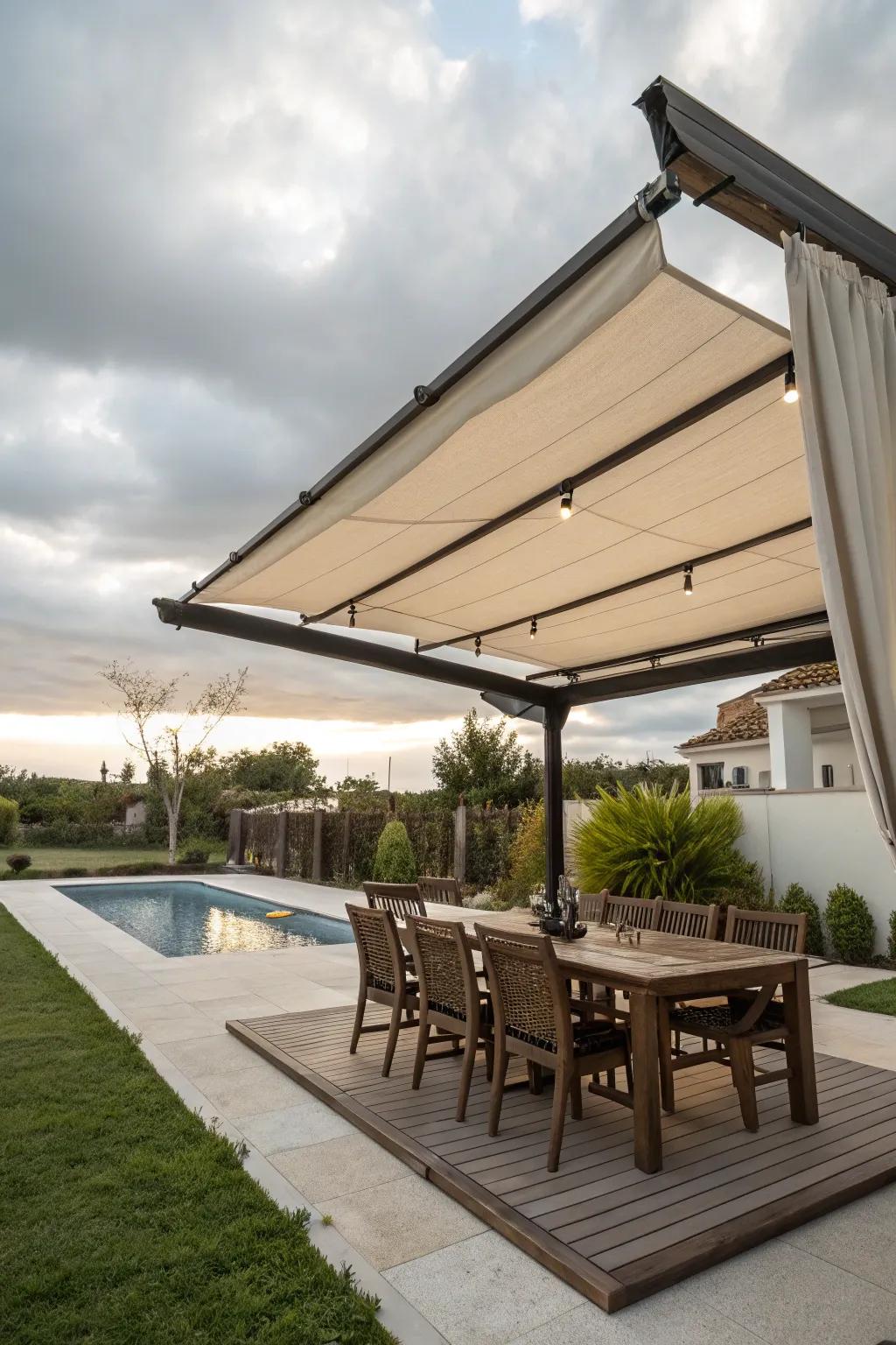 Retractable canopies providing flexible shade for any occasion.