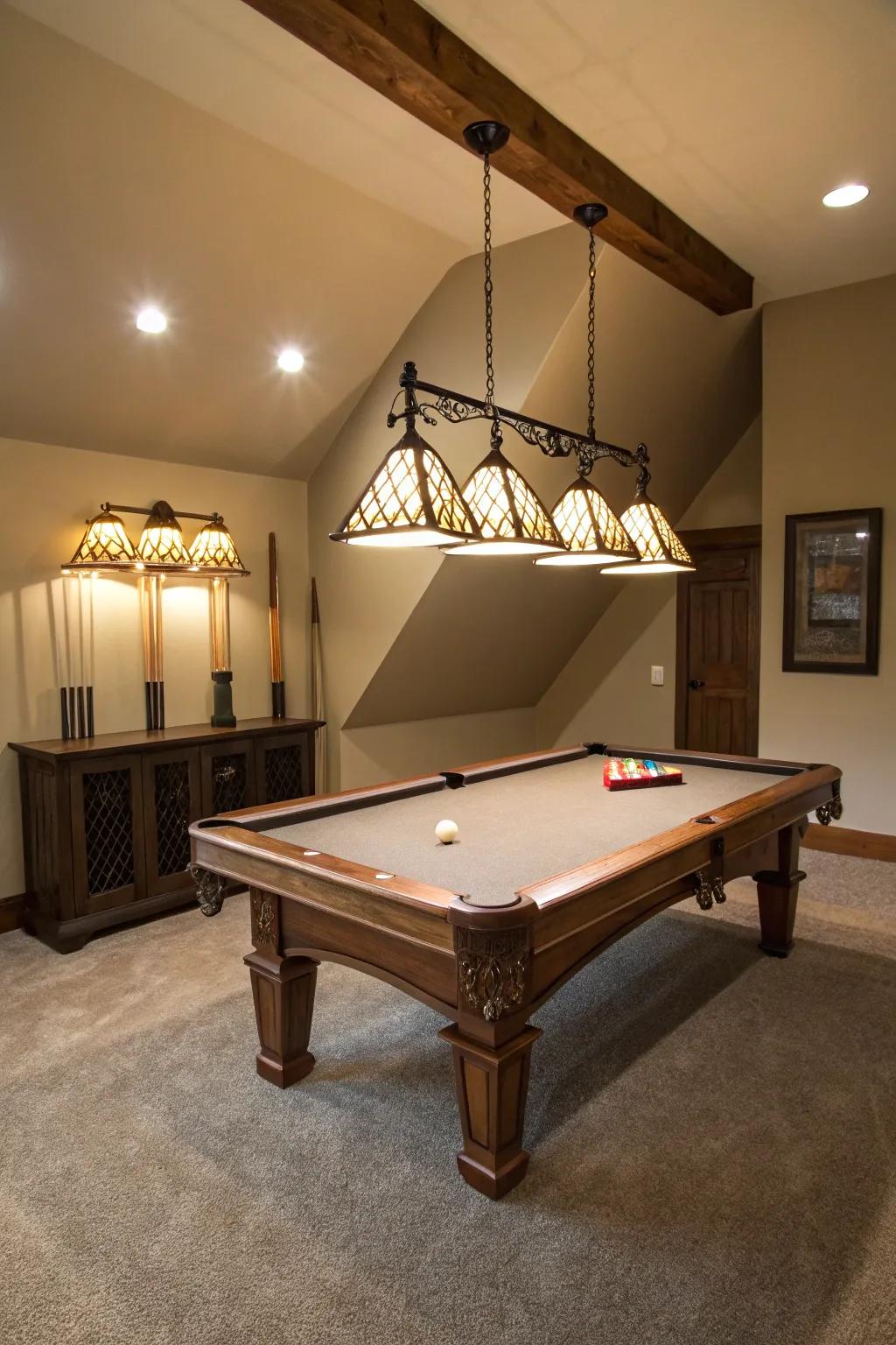 Pendant lighting strategically brightens the pool table, crafting an ideal gaming atmosphere.