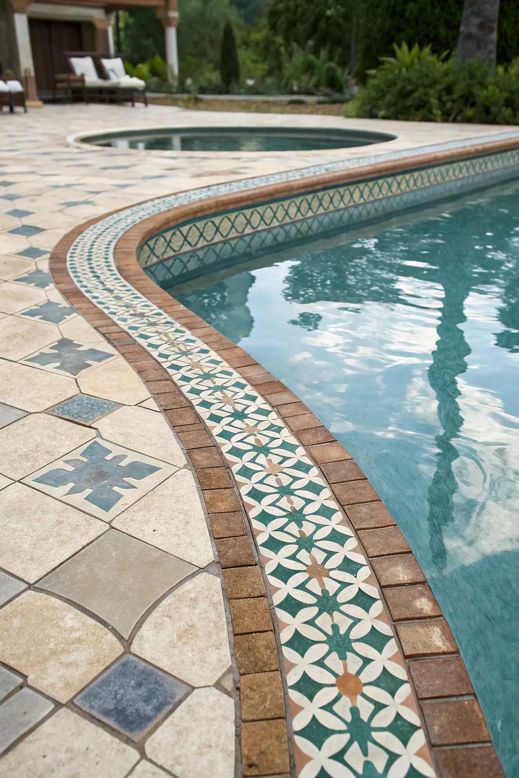 Attention-grabbing tiles at the waterline craft a standout feature in this pool.