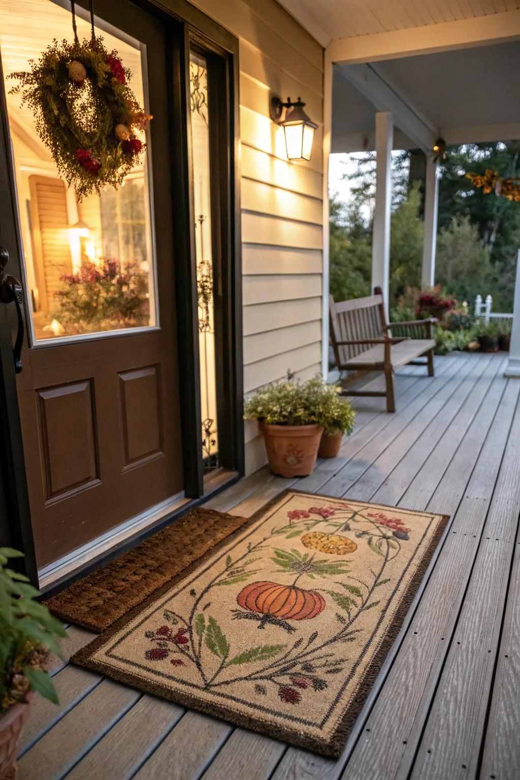 An attractive welcome mat imparts personality to the porch.