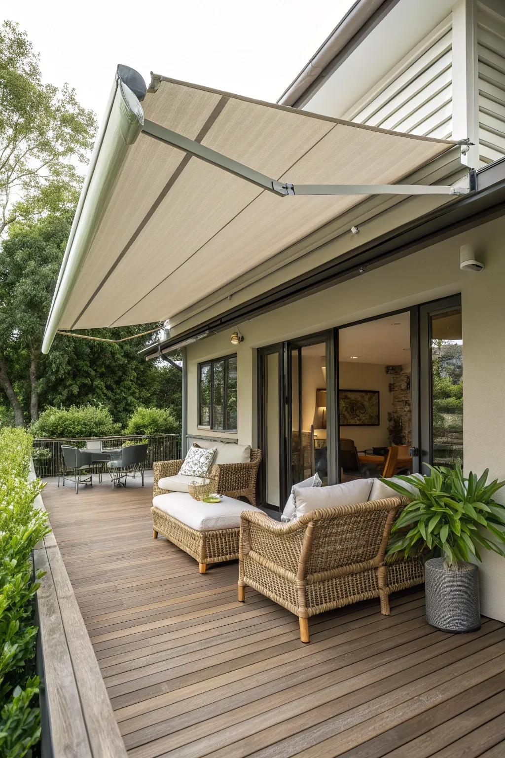 A porch extension featuring a stylish retractable awning.