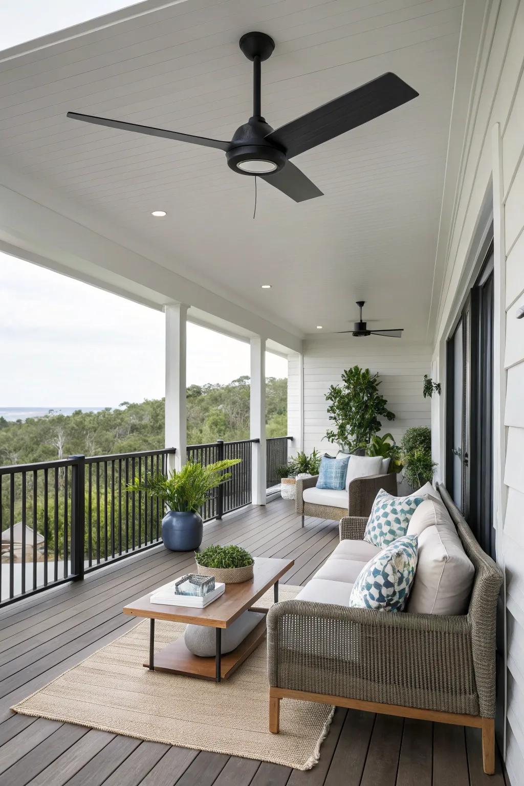 A modern air circulator enhances the sleek aesthetic of this minimalist porch.