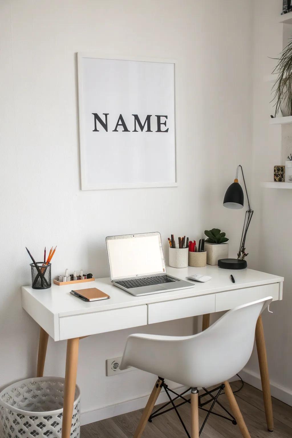 A sleek monochromatic name display refining a minimalist workspace.