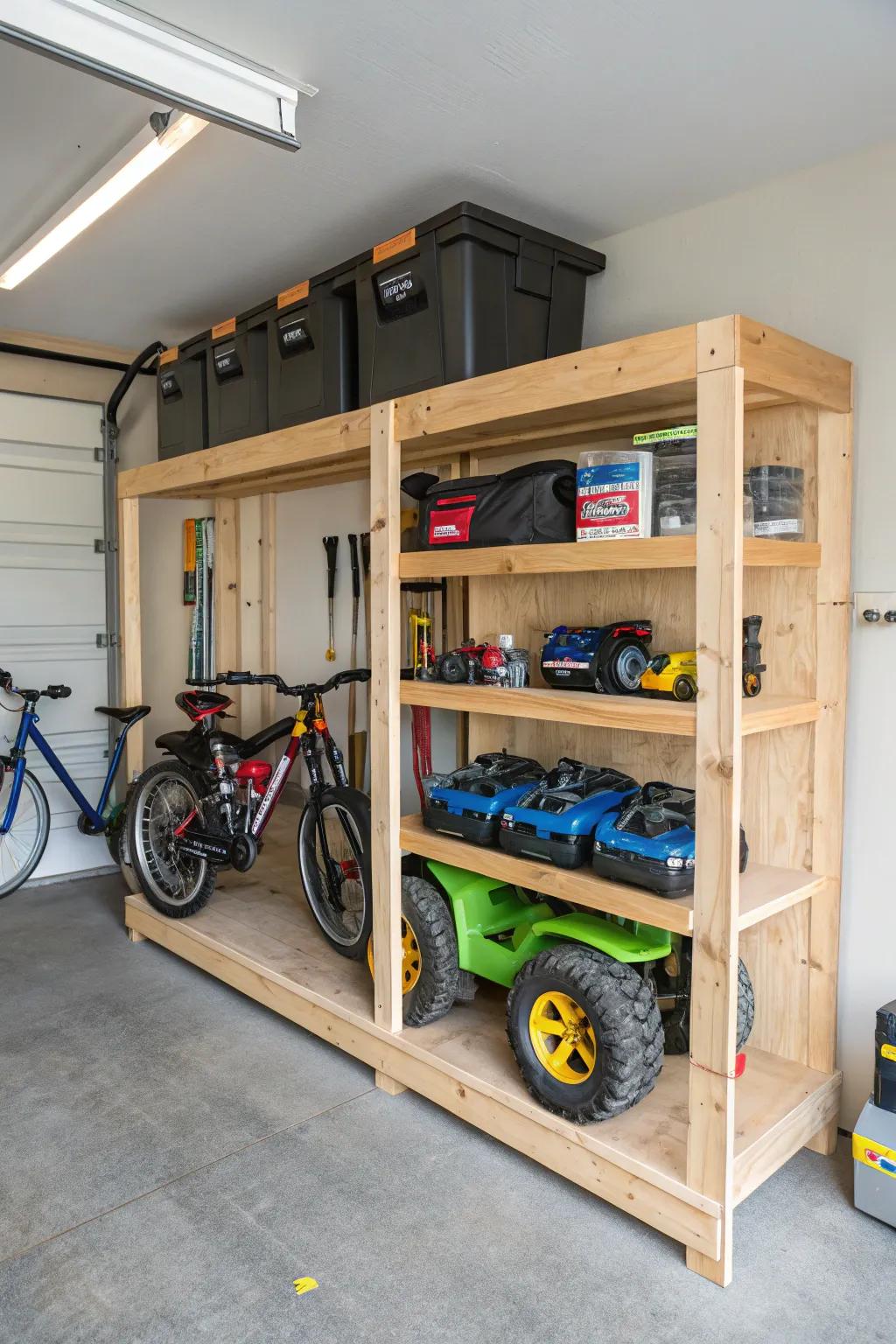 Custom shelving designed for neatly storing motorized toys.