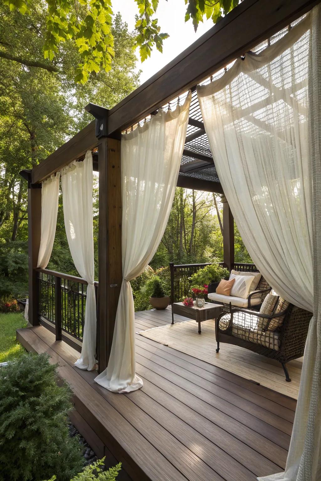 Flowing exterior drapery fashions a secluded and serene deck environment.