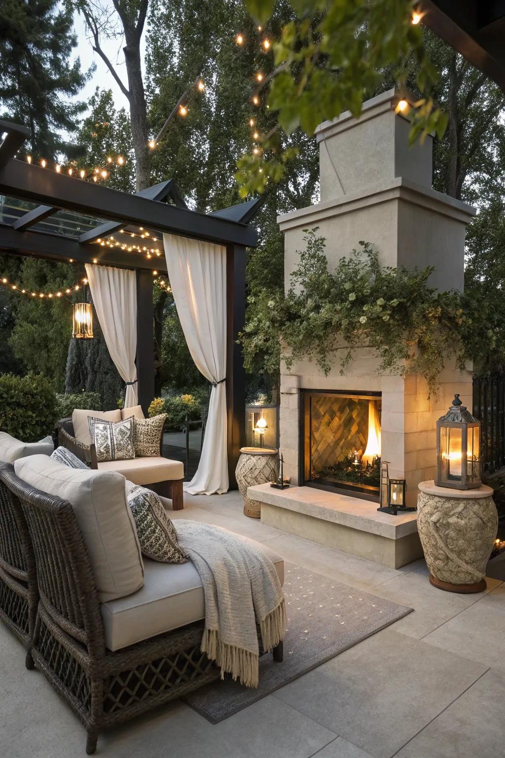 An outside yard presenting a fashionable propane fireplace.