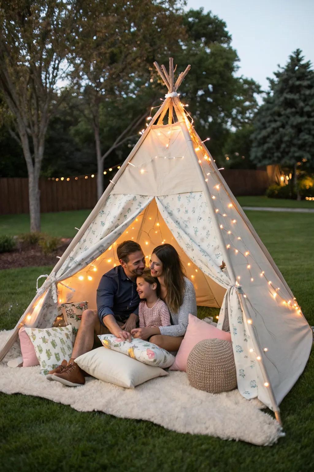A charming teepee tent creates a fun, cozy atmosphere.