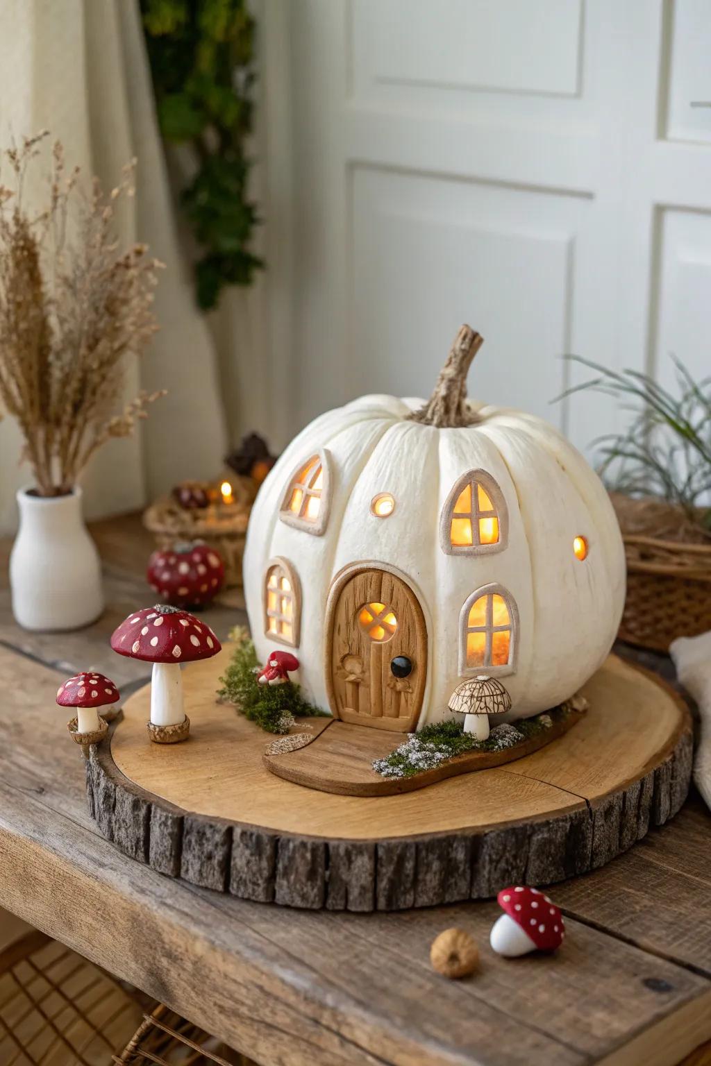Fashion a whimsical enchanted tale scene with captivating fungus particulars and a radiant gourd residence.