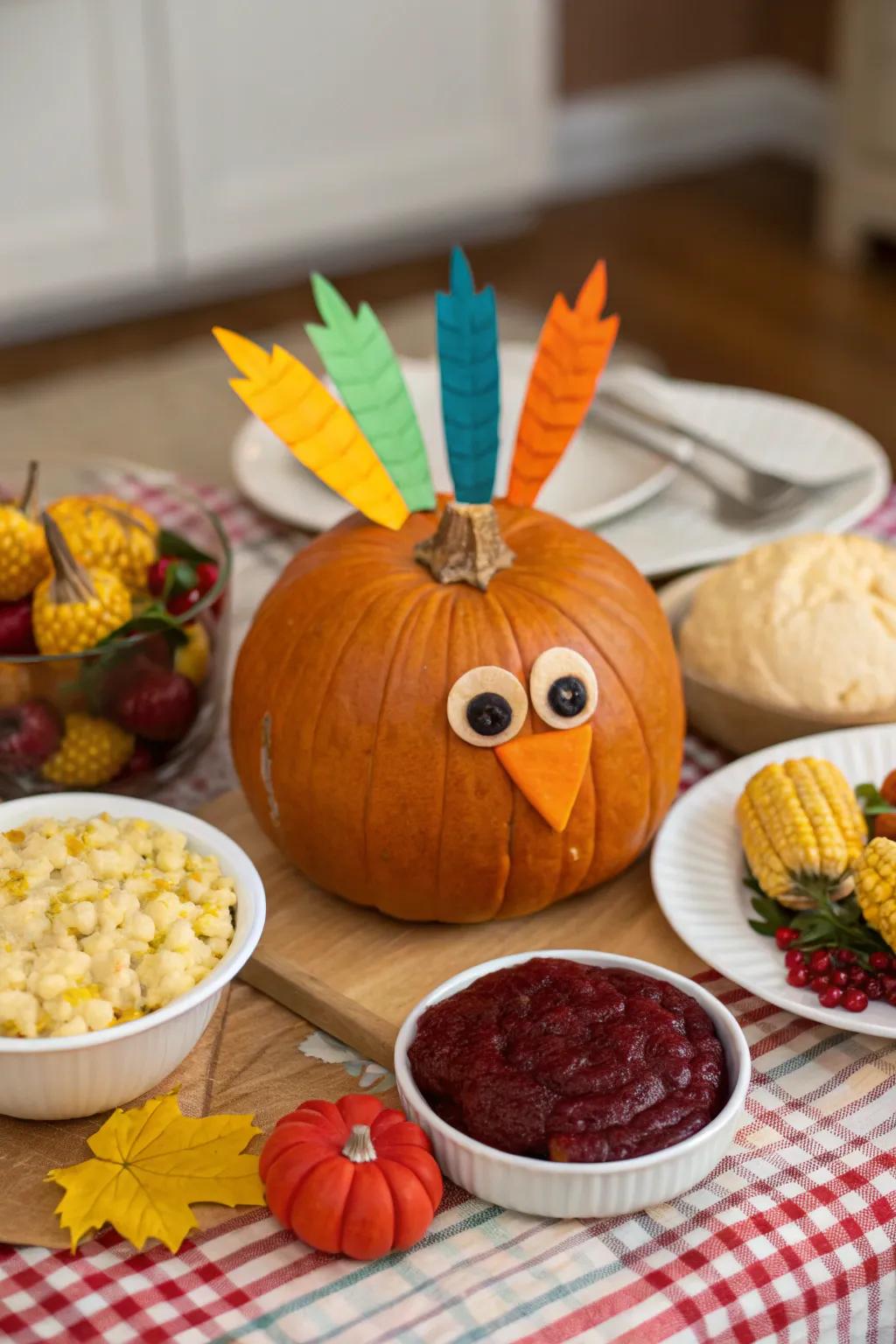 A turkey-styled pumpkin that's ideal for Thanksgiving decorations.