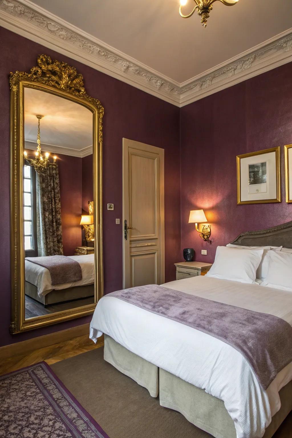Deep purple walls craft a restful and lavish bedroom retreat.