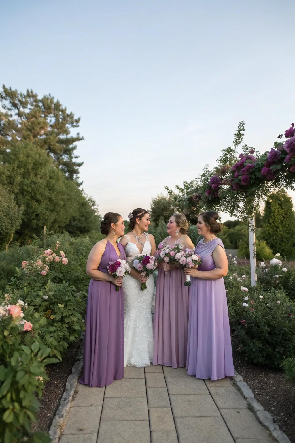 Bridesmaids in varied shades of purple form a stylish and harmonious gathering.