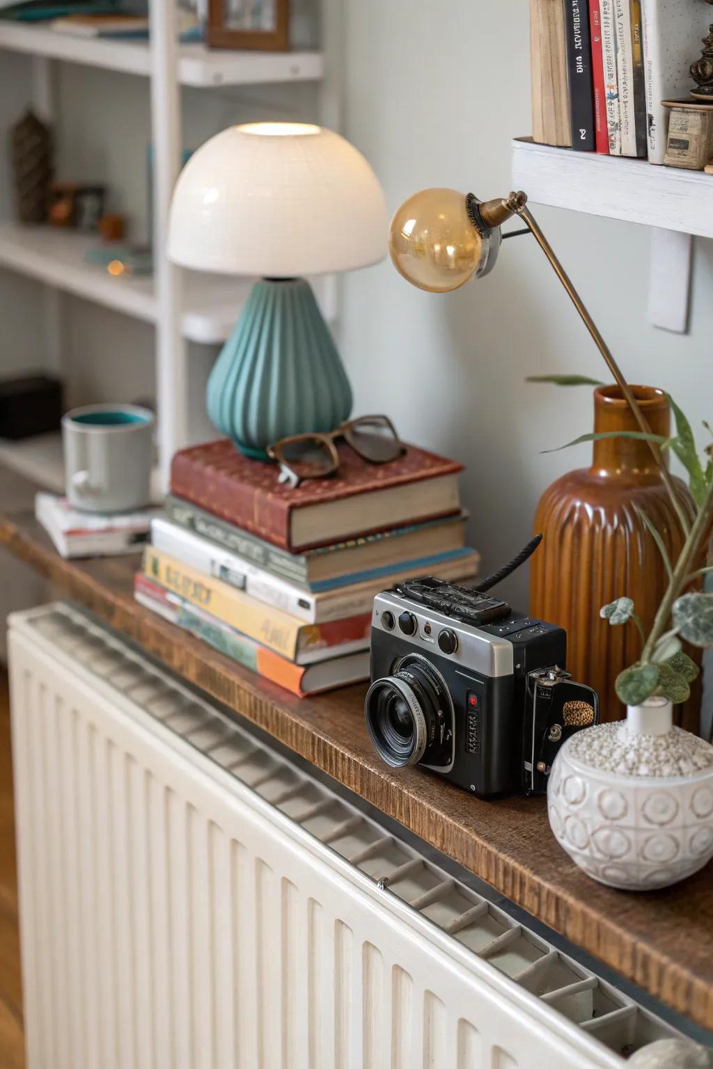 Mix different styles for a tailored, eclectic radiator shelf display.