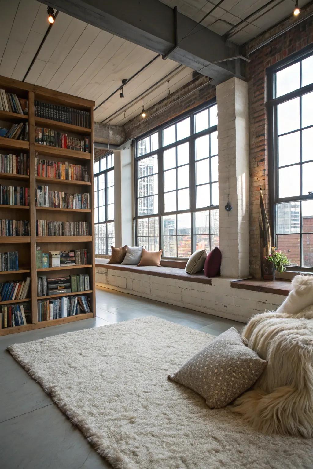 A loft converted into an inviting library corner.