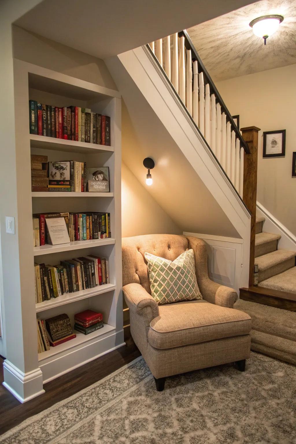 Use the space under the stairs to make a personal reading nook.