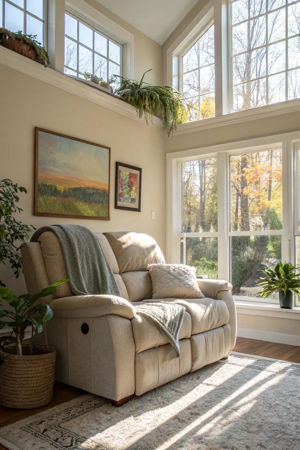 A luminous dwelling space showcasing a reclining sofa basking in abundant natural illumination.