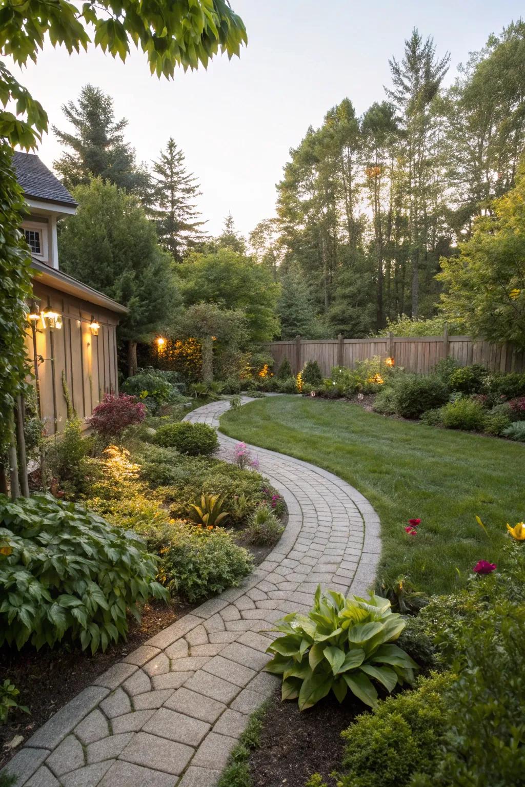 Curved walkways introduce a sense of flow and charm to a rectangular arrangement.