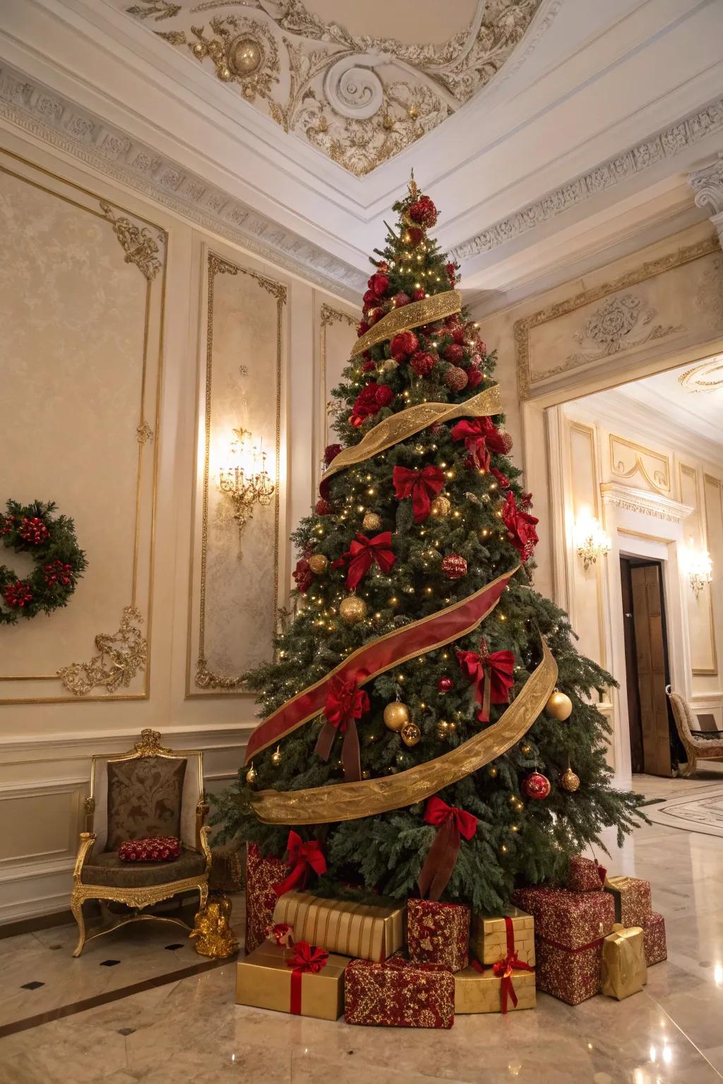 Opulent red and gold ribbons cascading down the Christmas tree.
