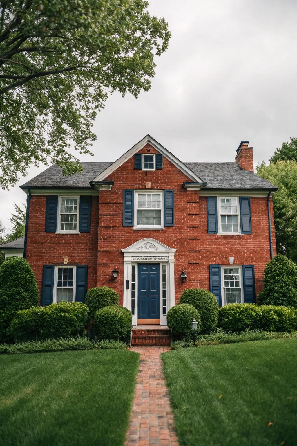 Striking ocean blue accents enhancing the red brick house.