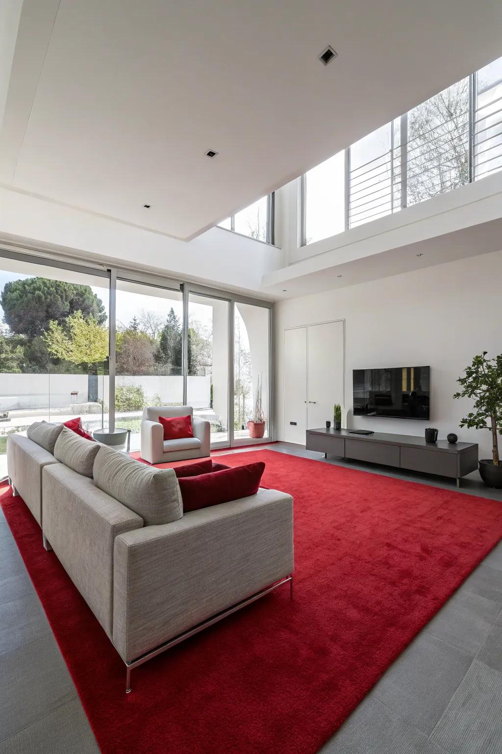 A contemporary minimalist living room featuring a trim scarlet floor covering.