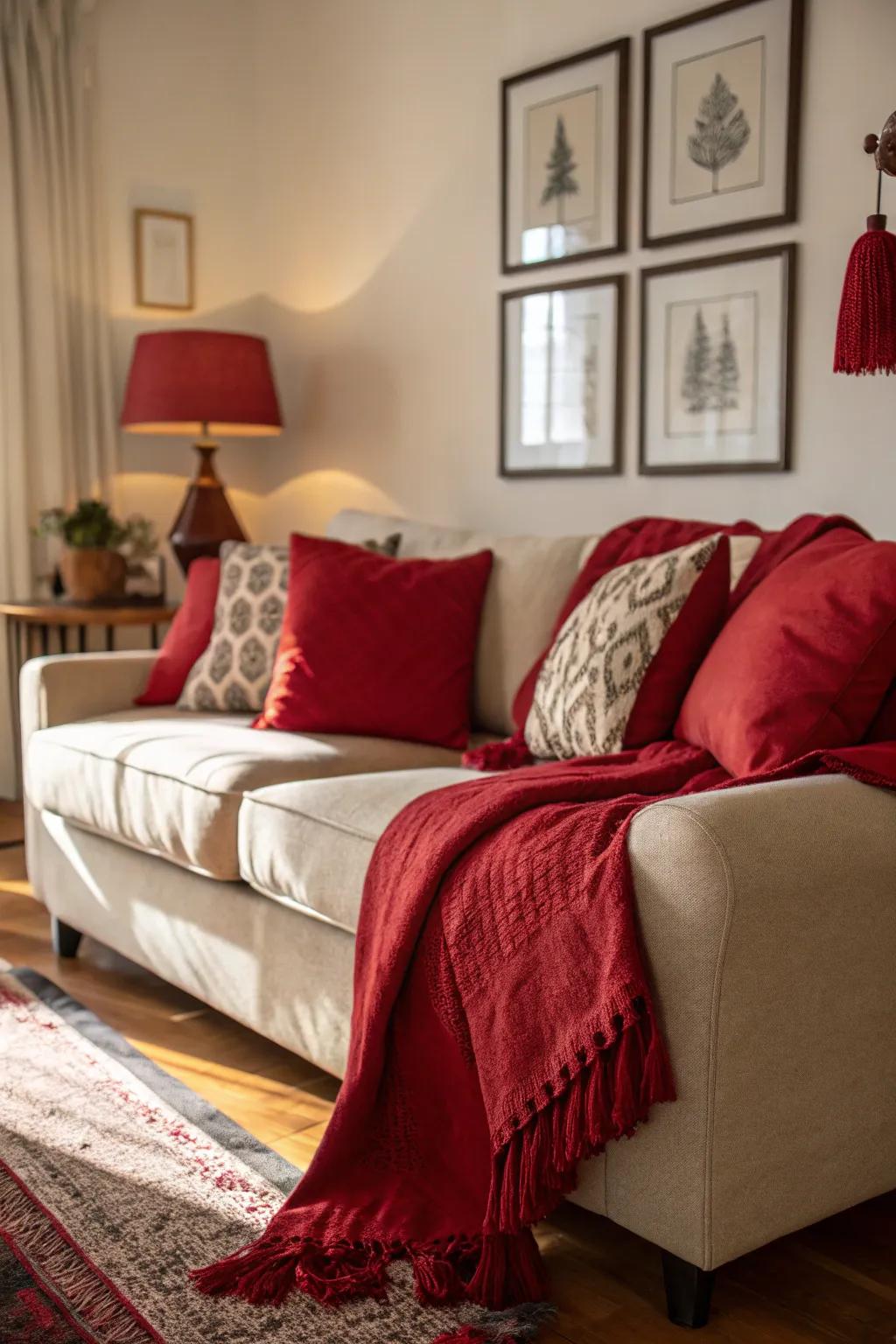 A living room enhanced with cozy red accents.