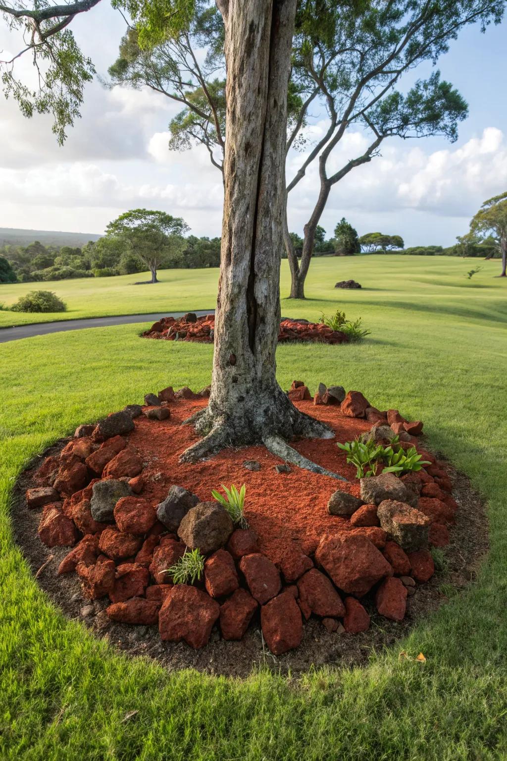 Scarlet volcanic stones placed around a tree's base contribute to a tidy and visually pleasing effect.