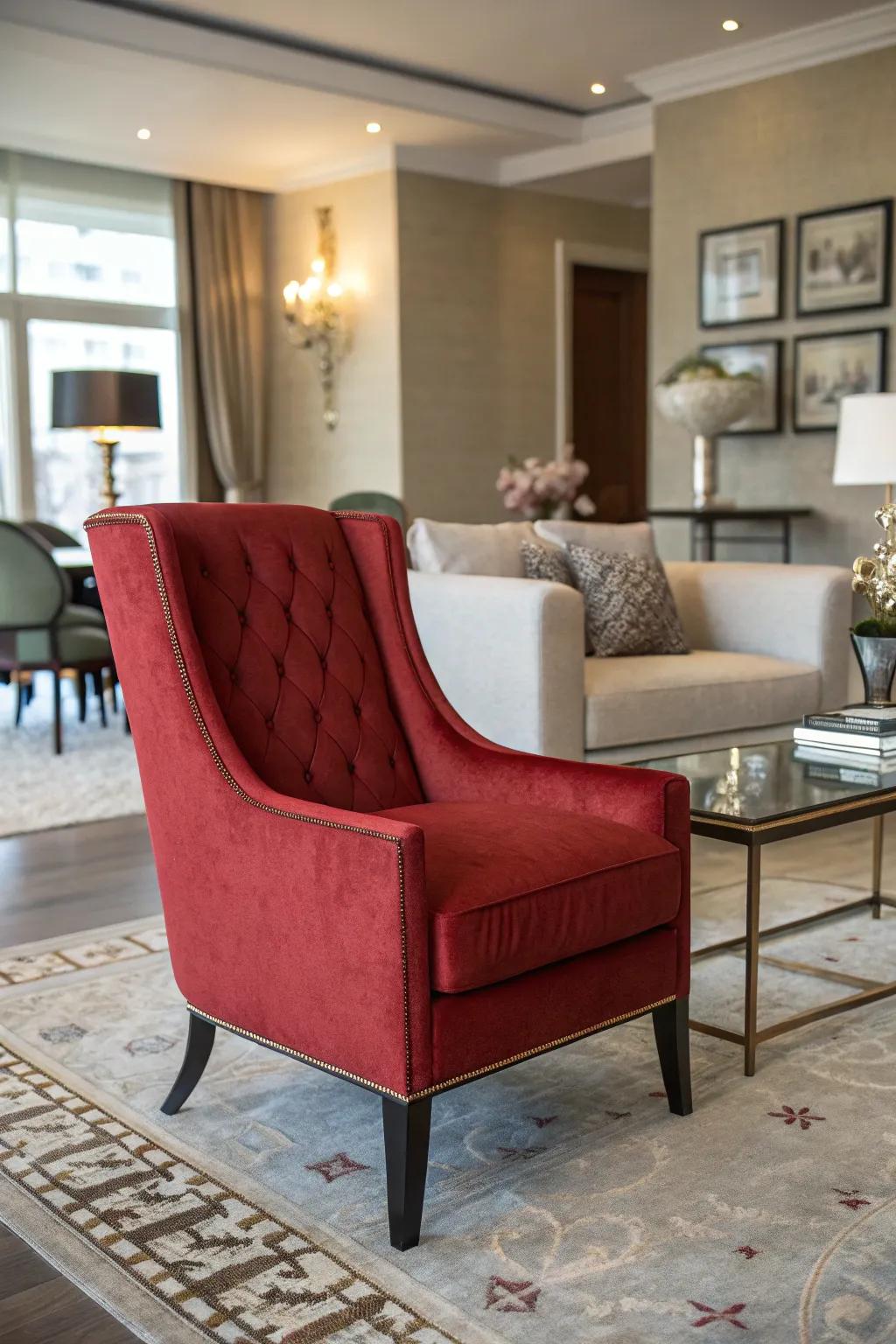 A stylish living area showcasing a striking red upholstered chair as its focal point.